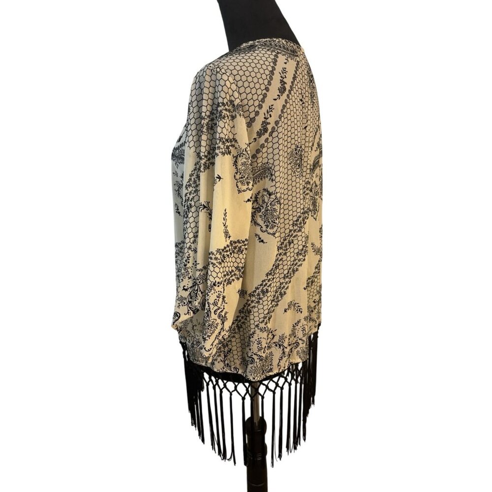 Boho Open Front Kimono With Black Fringe Trim & Floral Print Ivory & Black Light - Picture 8 of 11